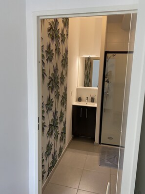 Douche, sèche-cheveux, serviettes fournies, savon