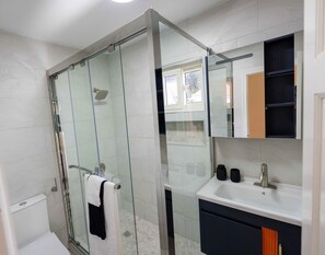 Une salle de bain moderne avec une douche à parois de verre, un lavabo blanc et un meuble-lavabo foncé.