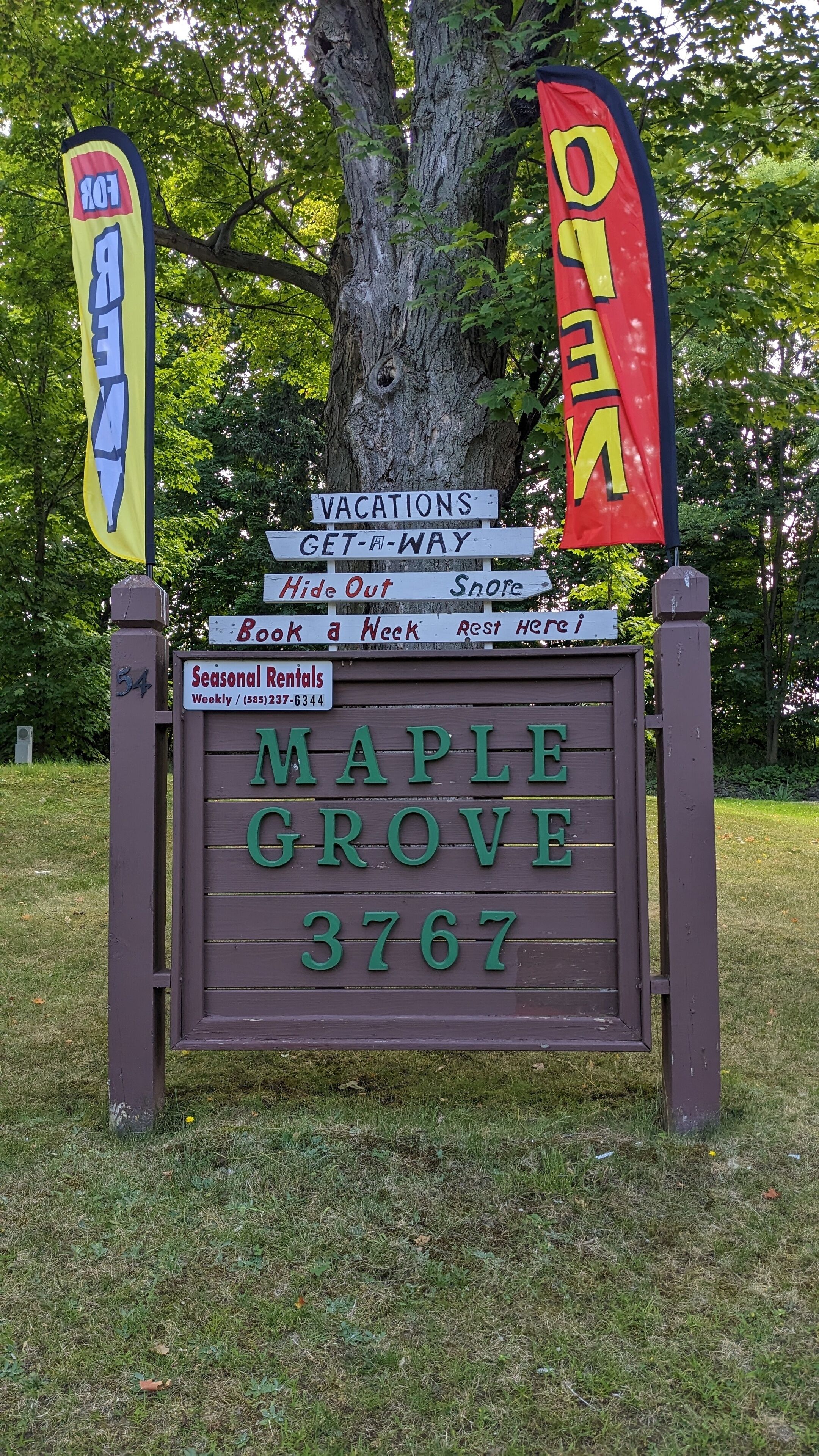 Et træskilt med teksten 'Maple Grove 3767' og forskellige udlejningsmuligheder, herunder 'Vacations Get-A-Way' og 'Seasonal Rentals'.
