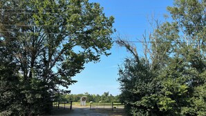 A gravel road leading to a gated entrance surrounded by trees. - Primitive Country Camp Spot for Total Eclipse April 8, 2024! 2:38 Mins Totality (Benton)