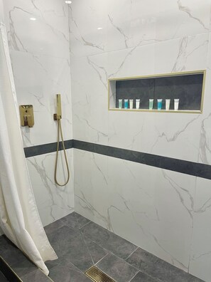 Hair dryer, towels, soap, shampoo