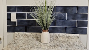 Une cuisine dotée d’un plan de travail en granit, d’une plante en pot, d’un tableau abstrait en noir et blanc et d’un crédence en carreaux de couleur sombre.