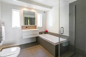 Shower, towels, soap, toilet paper