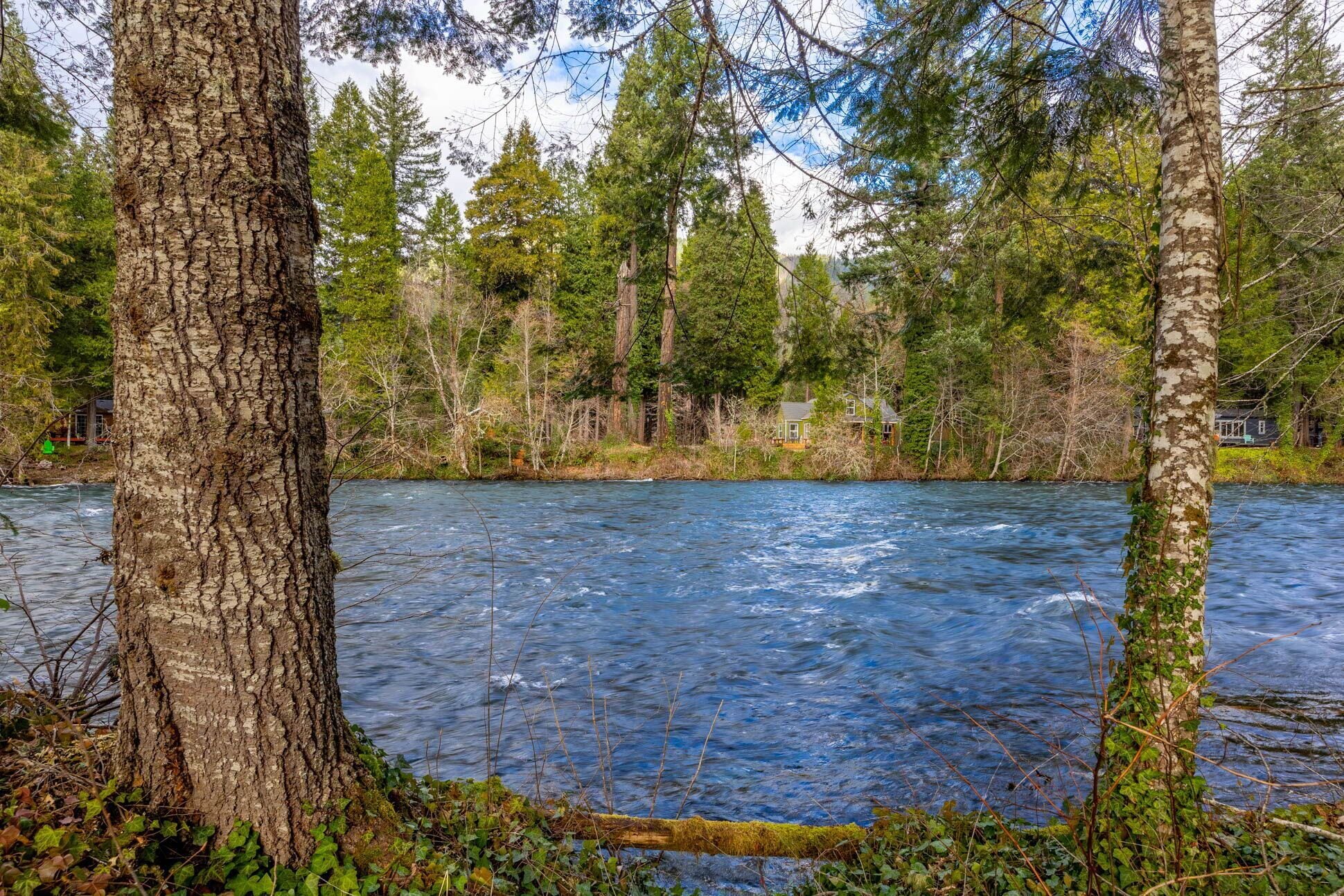 Tiheän metsän ympäröimä joki ja pieni talo.