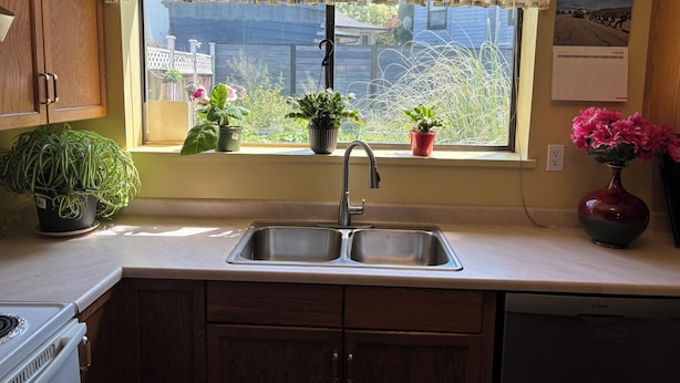 A kitchen with a double sink, wooden cabinets, a stove, and a window with floral curtains. - Quiet cozy room no stairs in a peaceful house, safe community, full kitchen (Langley Township)