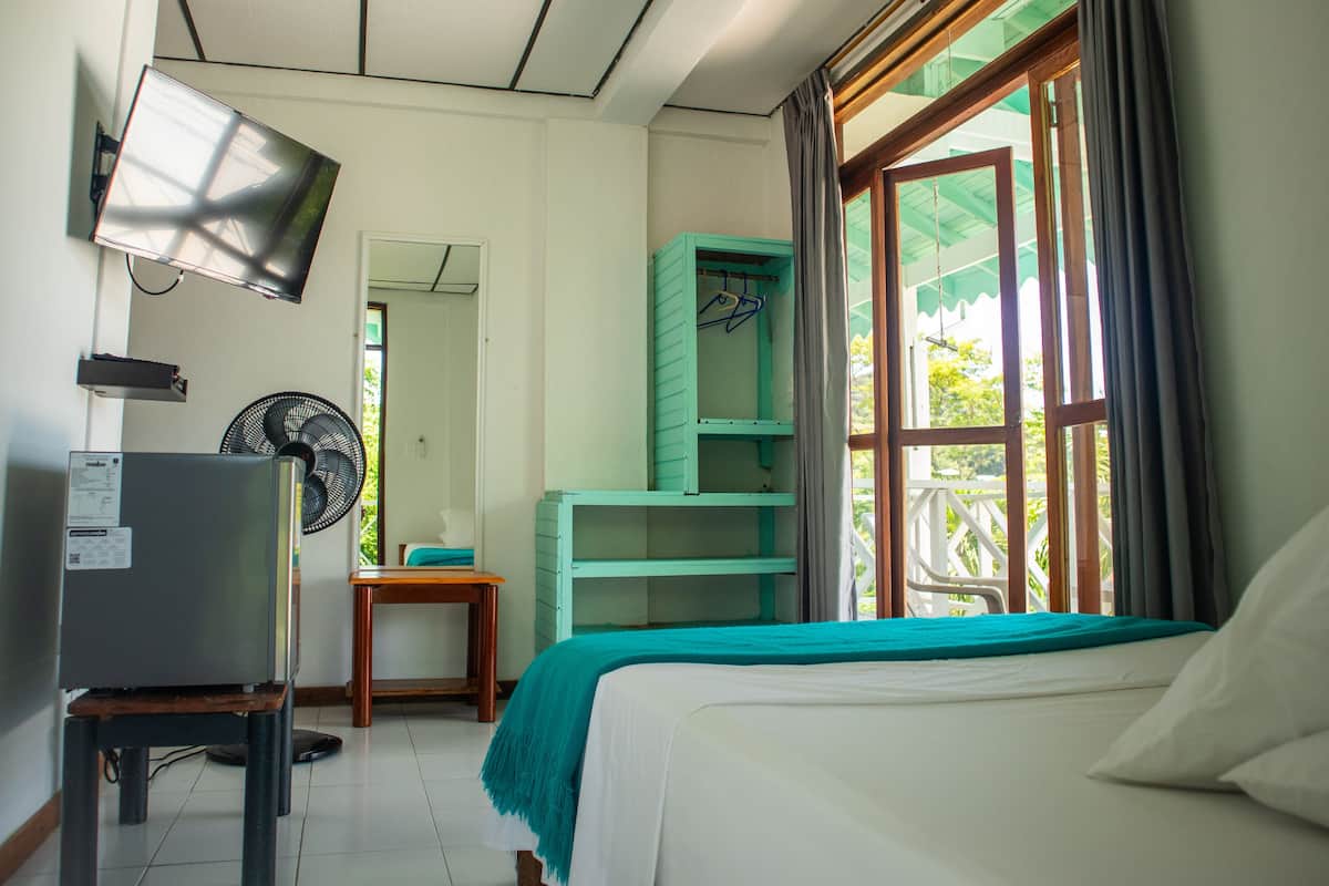 Une chambre à coucher avec un lit, une télévision, un ventilateur et une fenêtre avec des rideaux.