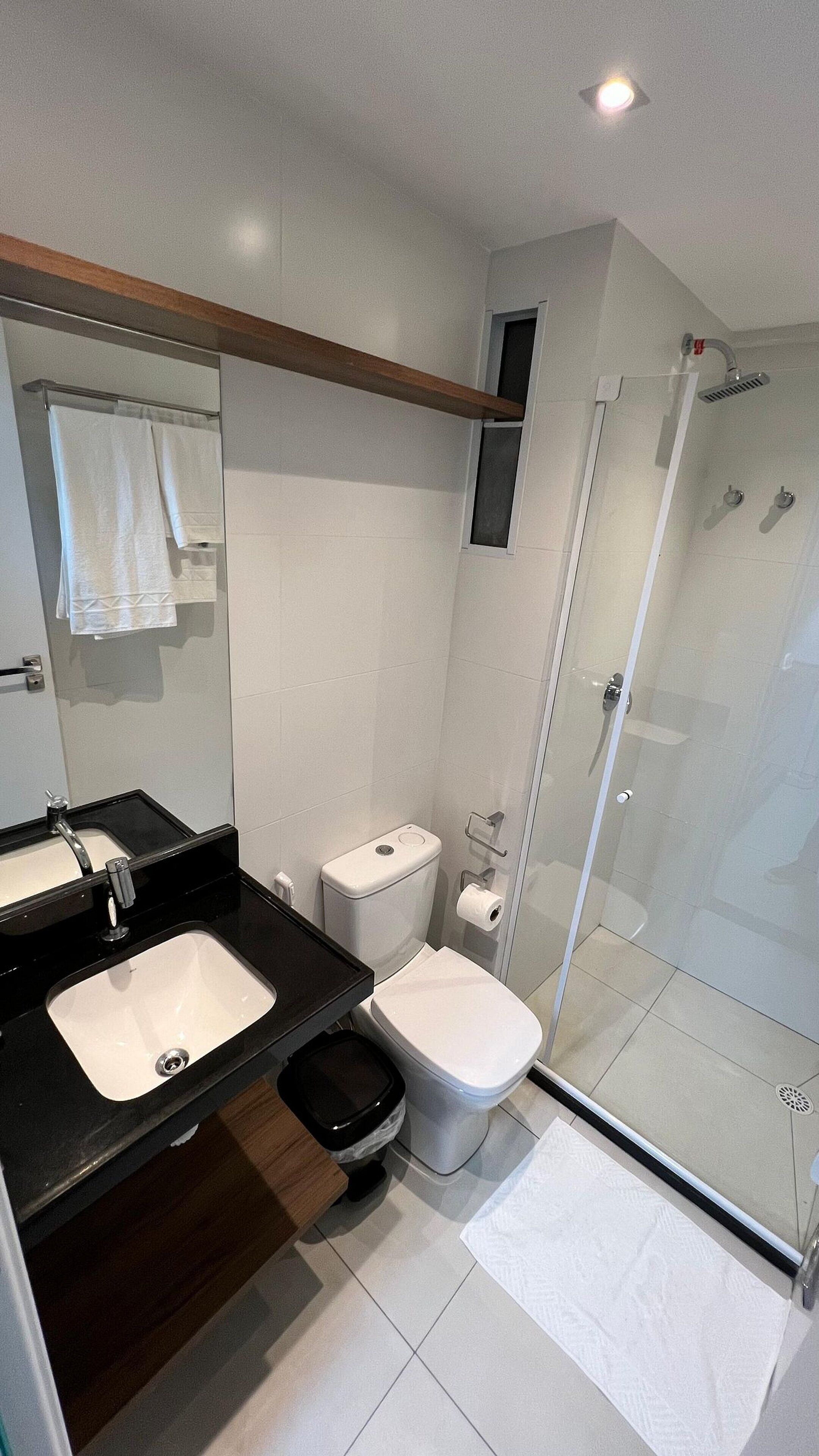 A modern bathroom with a glass-enclosed shower, a white toilet, and a black sink with a mirror above it.