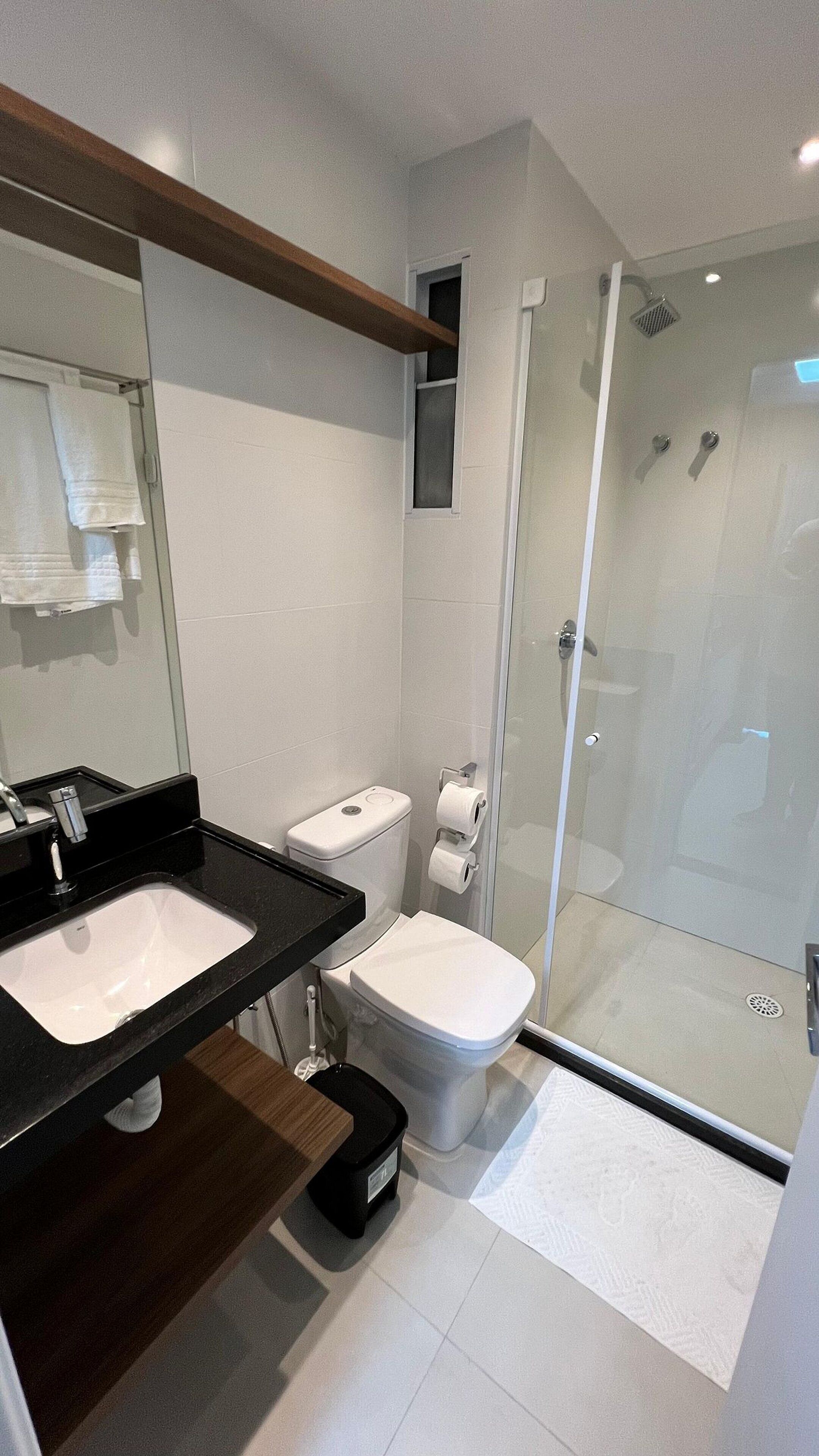 Une salle de bain moderne avec une douche à parois de verre, des toilettes blanches et un lavabo noir avec un miroir au-dessus.