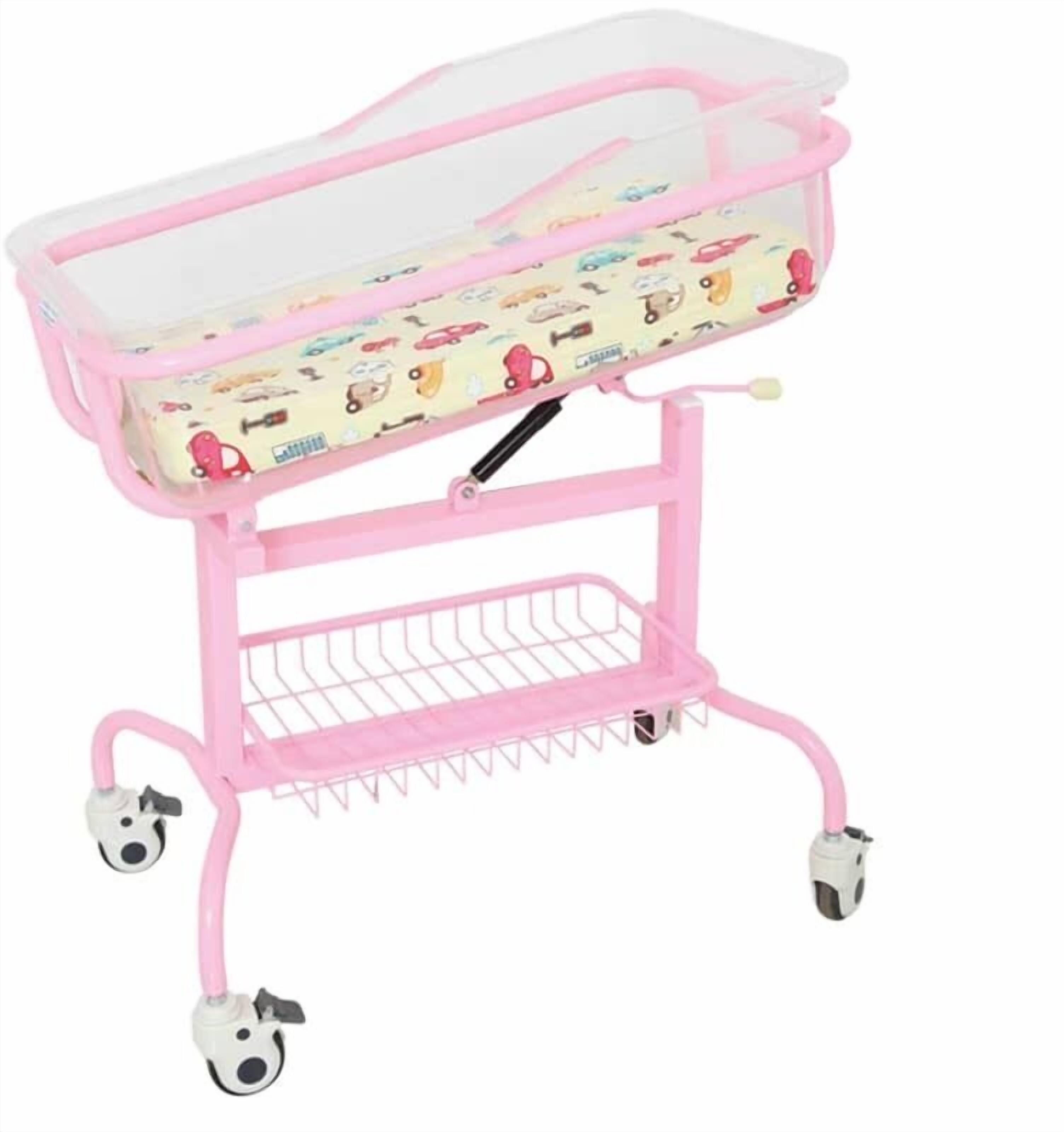 A pink baby bassinet with wheels and a transparent tray.