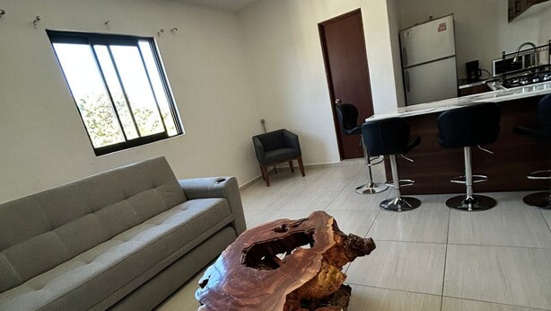 Een moderne woonkamer met een bank, een bijzondere houten salontafel, een keukenhoek met een koelkast, en een raam dat zorgt voor natuurlijk licht.