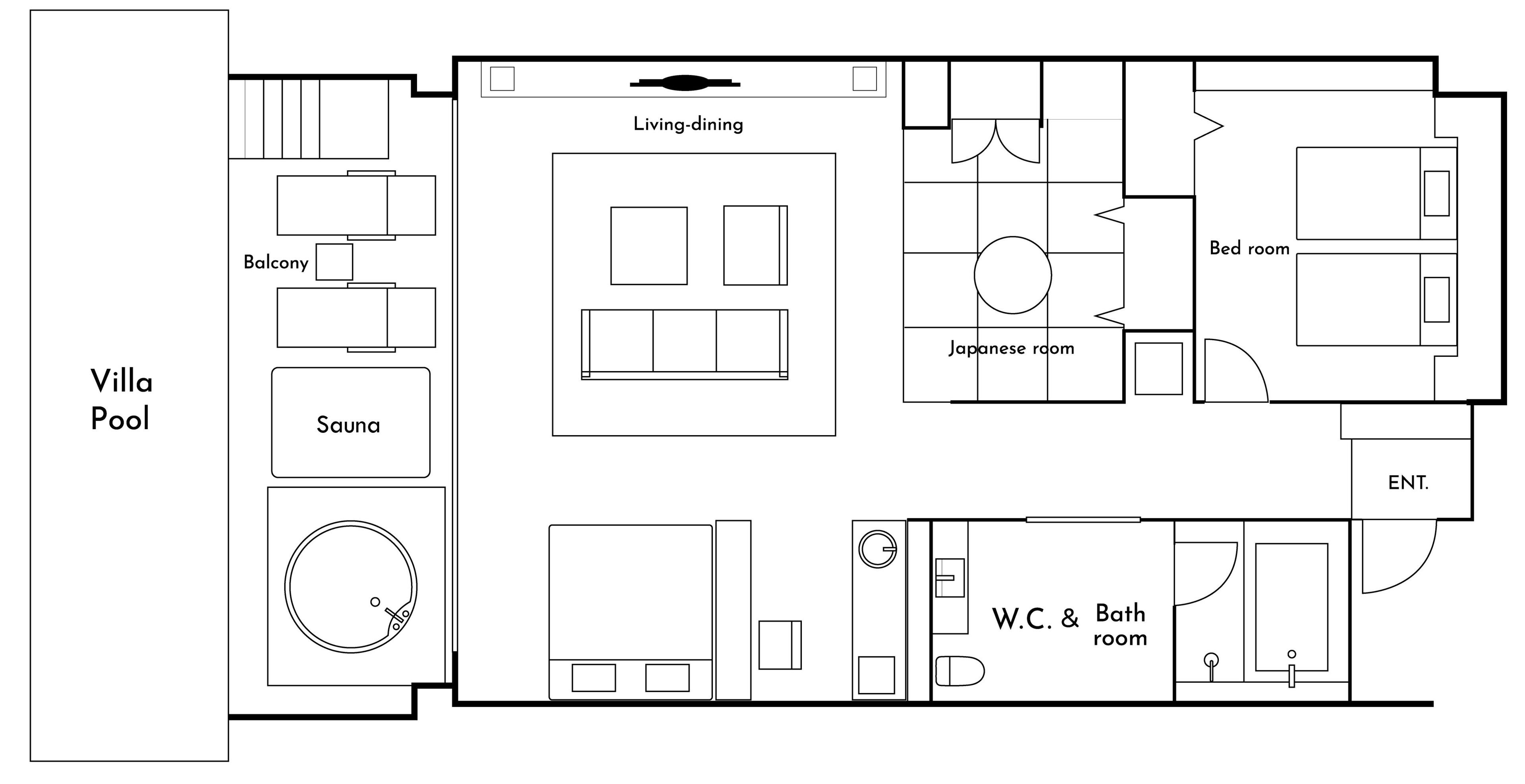 A villa layout with a pool, sauna, living-dining area, Japanese room, and separate bedroom.