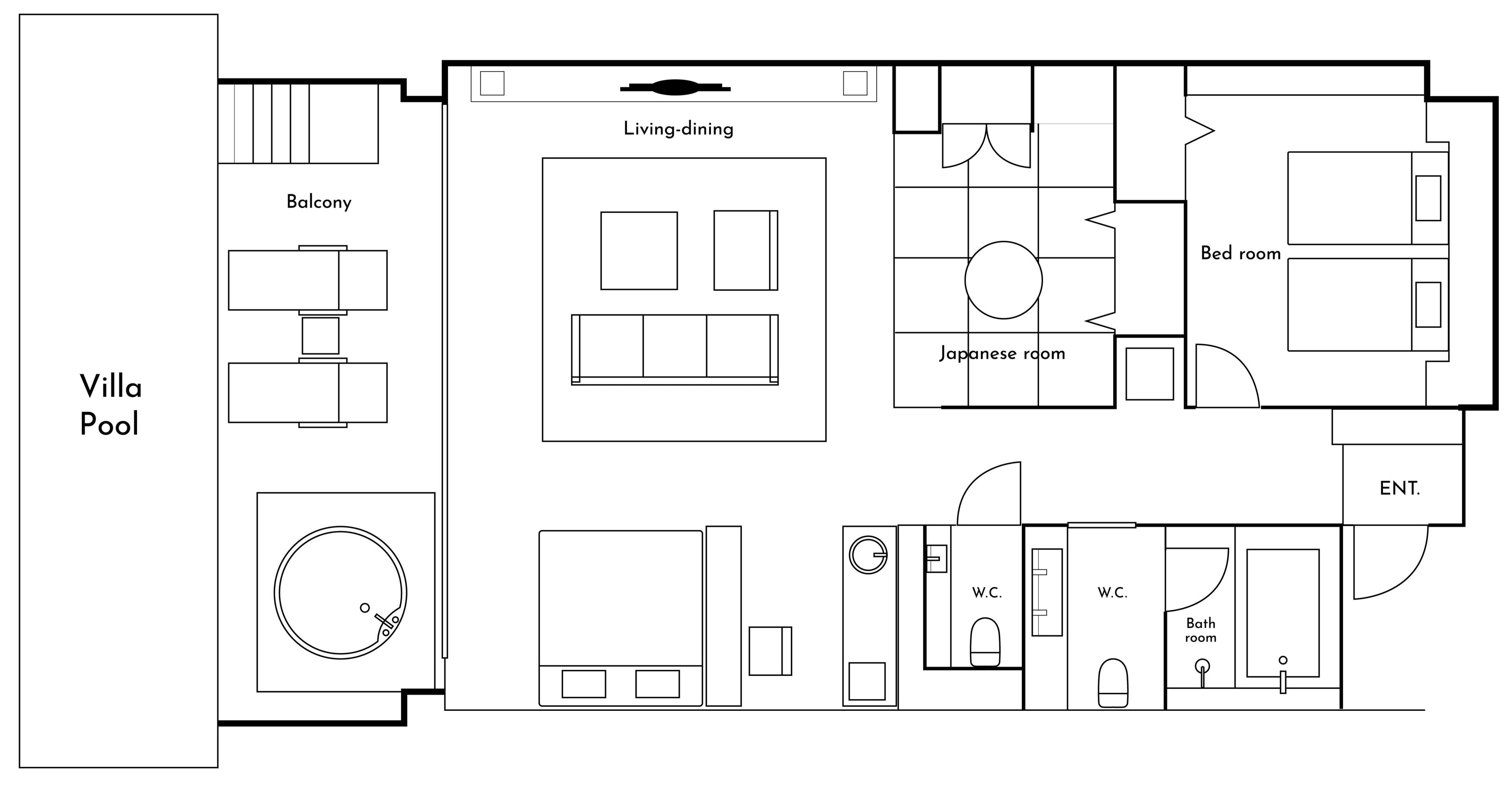 A villa layout with a pool, balcony, living-dining area, Japanese room, bed room, and two W.C.s.