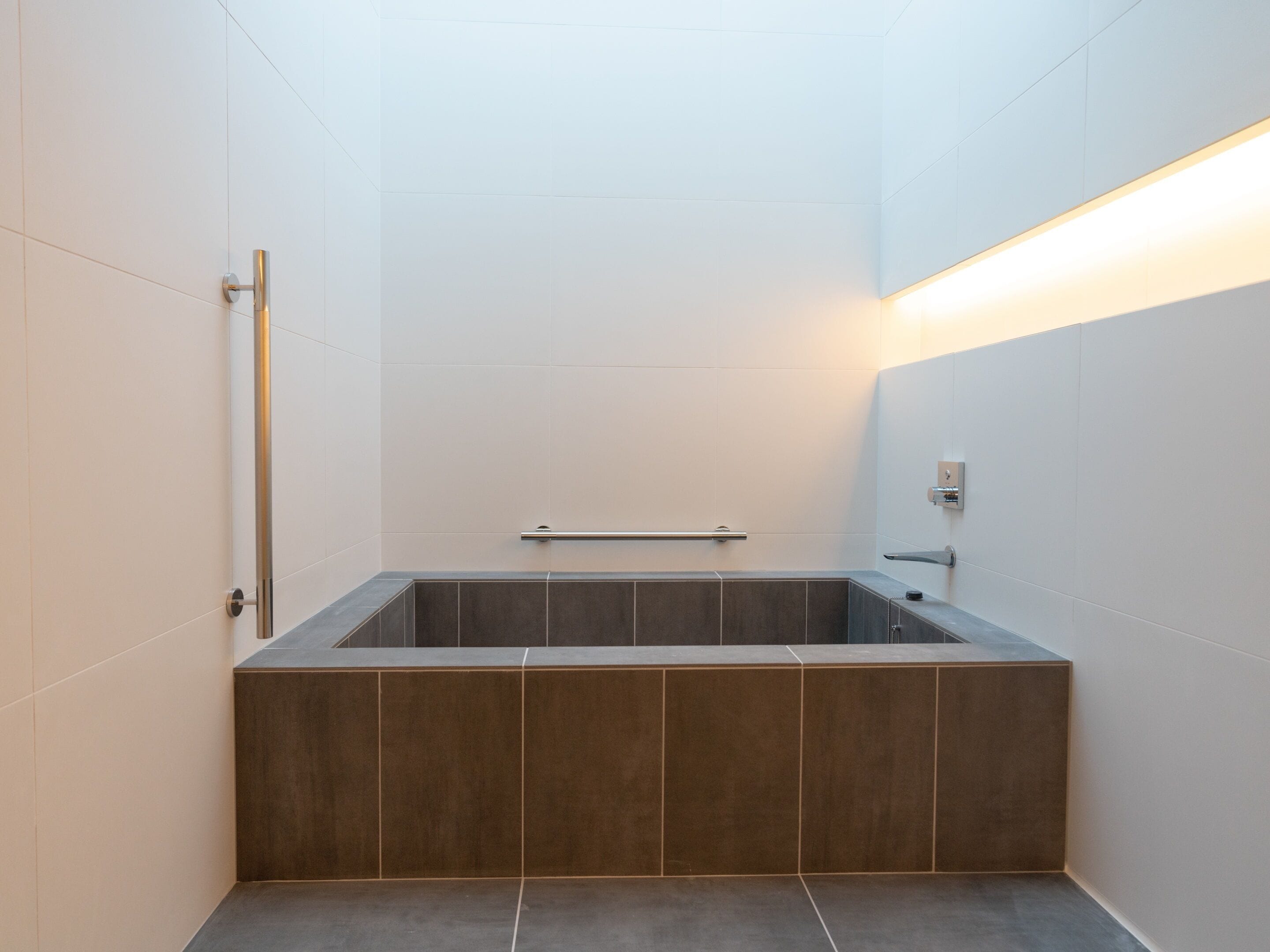 A modern bathroom with a rectangular bathtub, a handrail, and a wall-mounted light fixture.