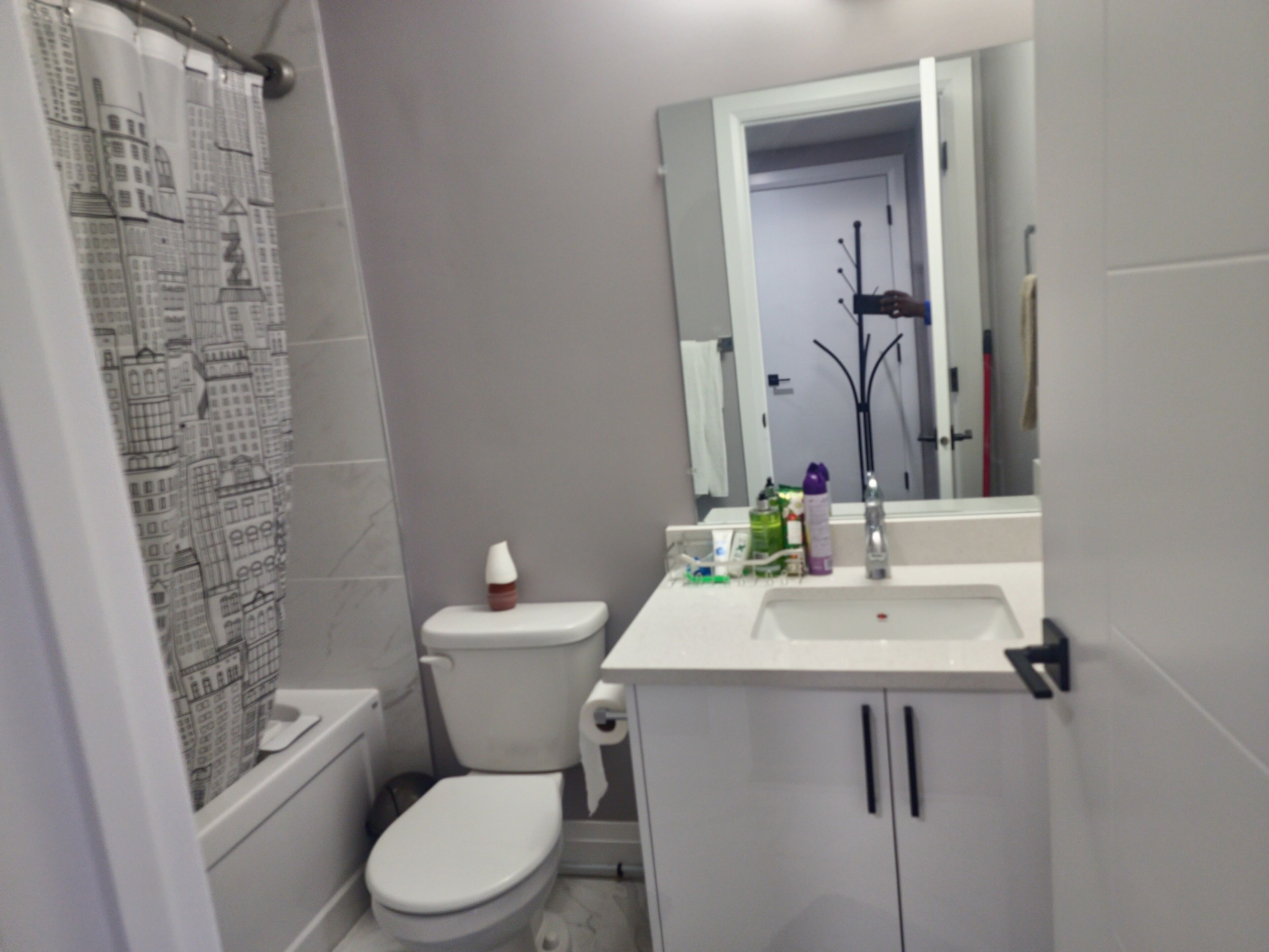 Hair dryer, towels, soap, shampoo