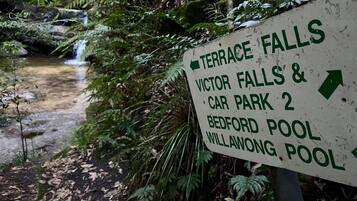 A sign with directions to Terrace Falls, Victor Falls & Car Park 2, Bedford Pool, and Willawong Pool.