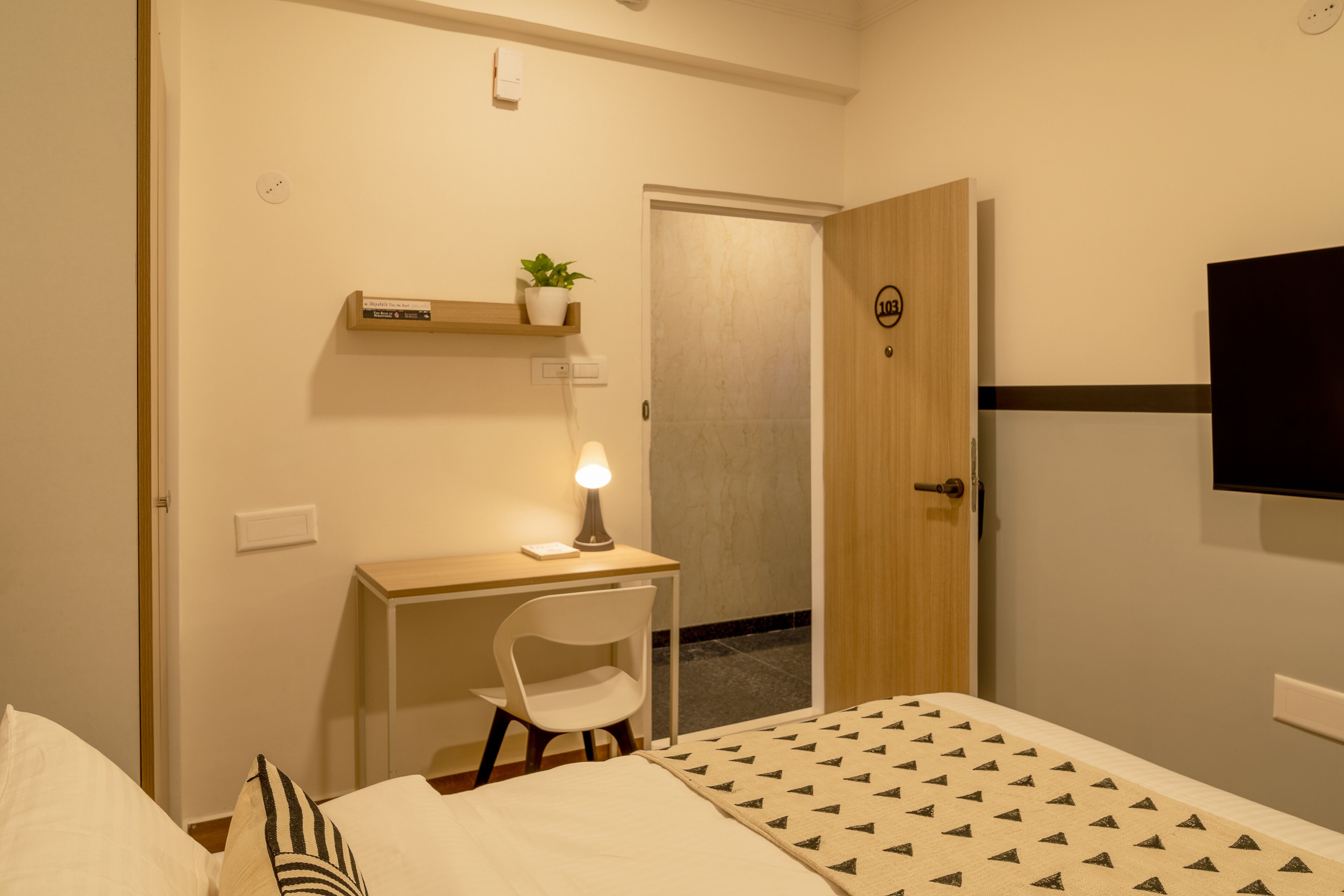 A hotel room with a bed, a desk with a chair, a small potted plant, a wall-mounted TV, and a door with a number.