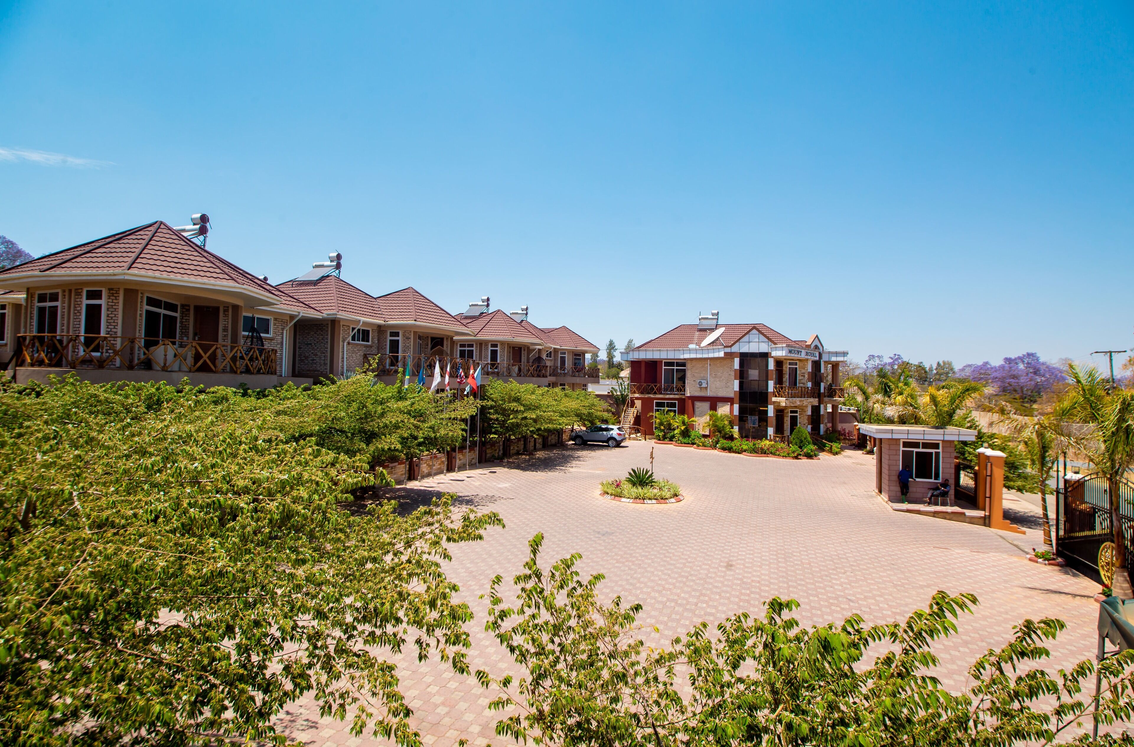 A residential area with multiple houses, paved driveway, and greenery.