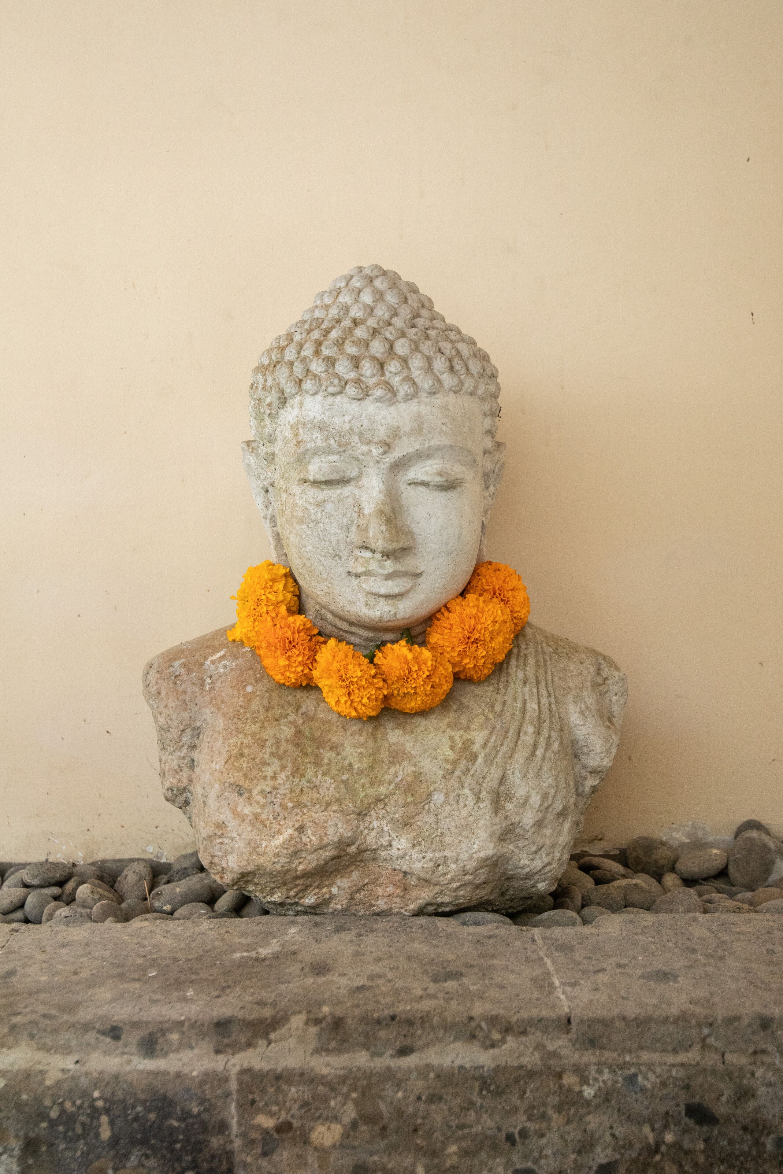 En sten Buddhastatue med en guirlande af stedseblommende blomster.