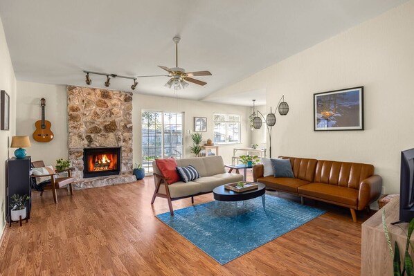 تلفزيون ذكي، مدفأة، كُتُب، مكتبة موسيقى