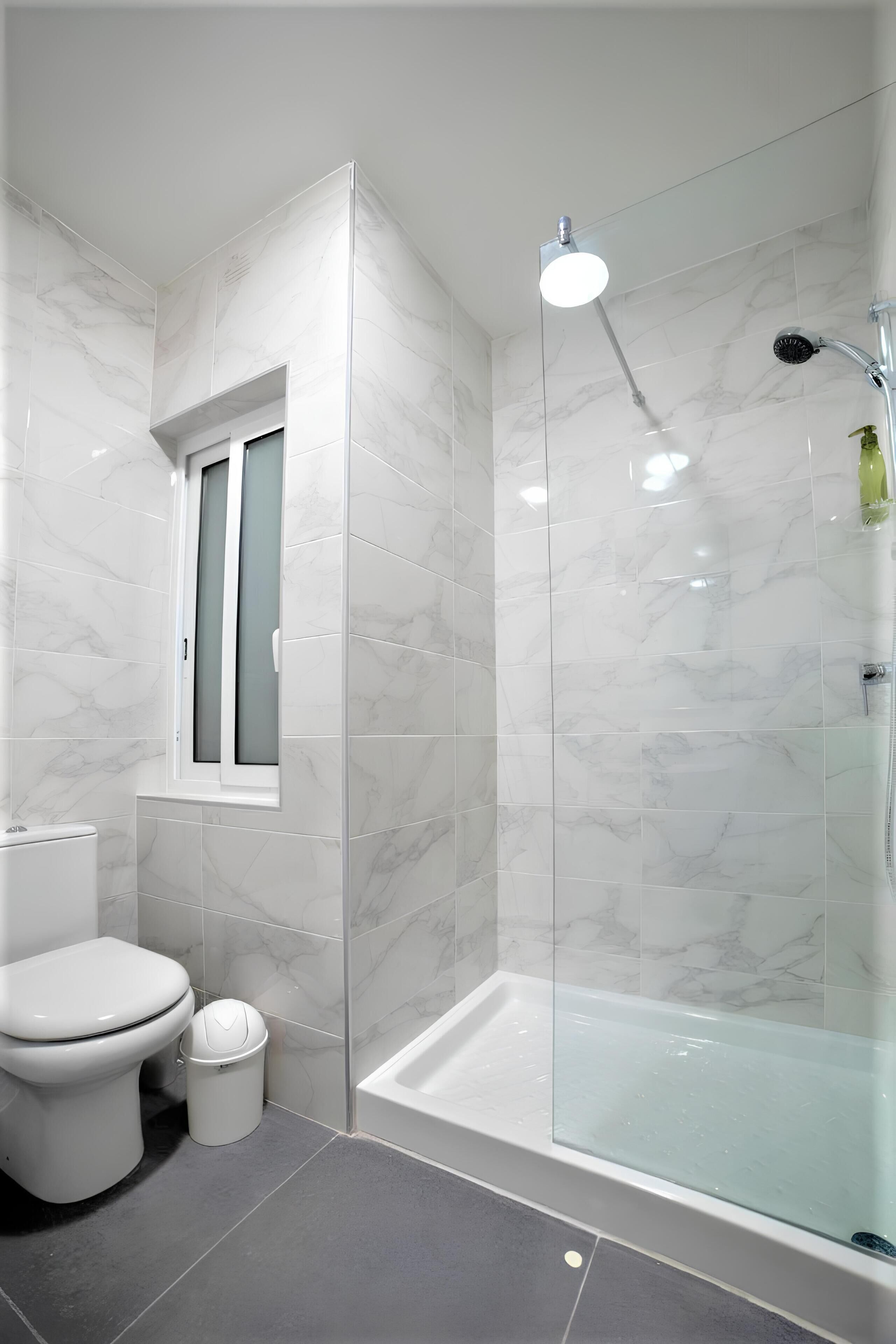 Een moderne badkamer met een glazen douchecabine, toilet en prullenbak.