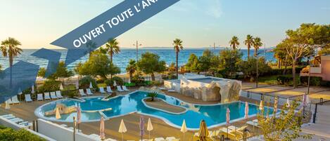 Seasonal outdoor pool, pool umbrellas, pool loungers