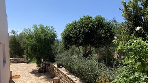 Eine terrasse mit Steinplatten, ausgestattet mit einem weißen Tisch und Stühlen, umgeben von üppiger Bepflanzung und Bäumen.
