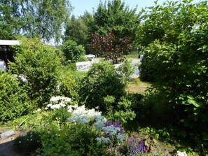 Stroll through a serene garden oasis, surrounded by vibrant blooms and a charming picket fence.