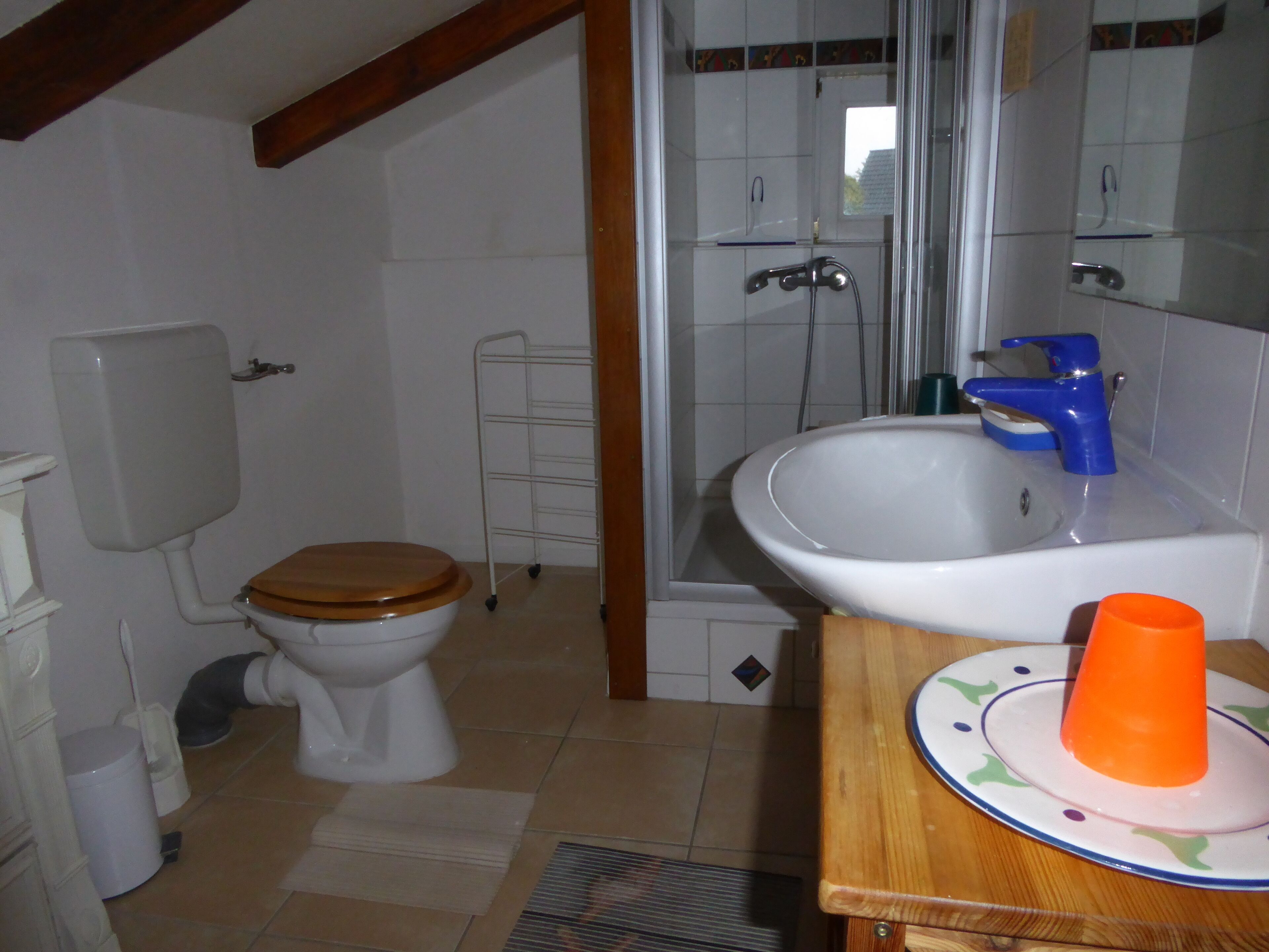 Un baño con inodoro, lavamanos y ducha.