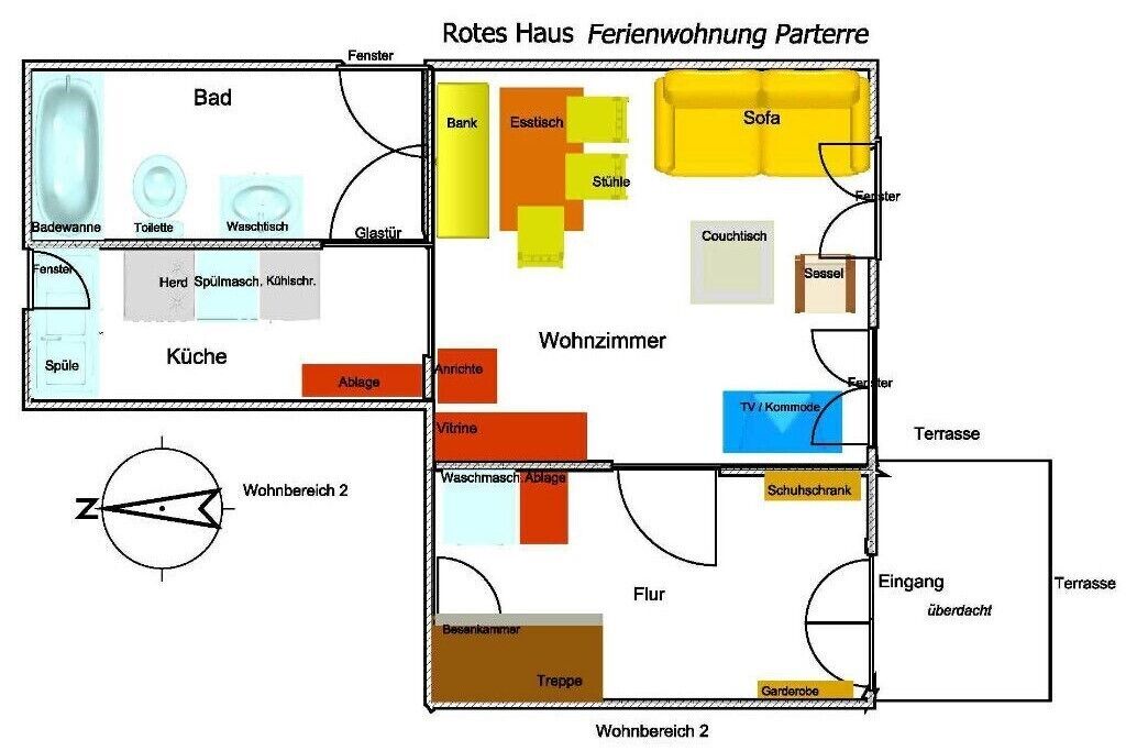 Grundriss eines Hotelzimmers mit Bad, Küche, Wohnbereich und Terrasse.