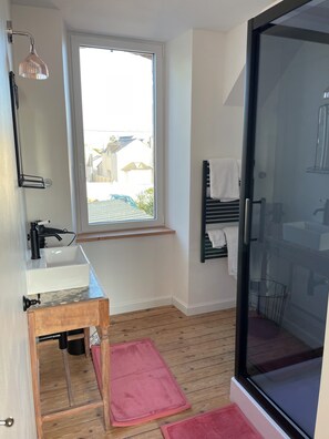 Shower, hair dryer, towels