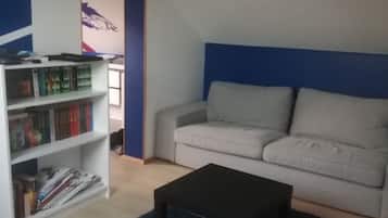 Televisie, een open haard, videospelletjes en een tafeltennistafel