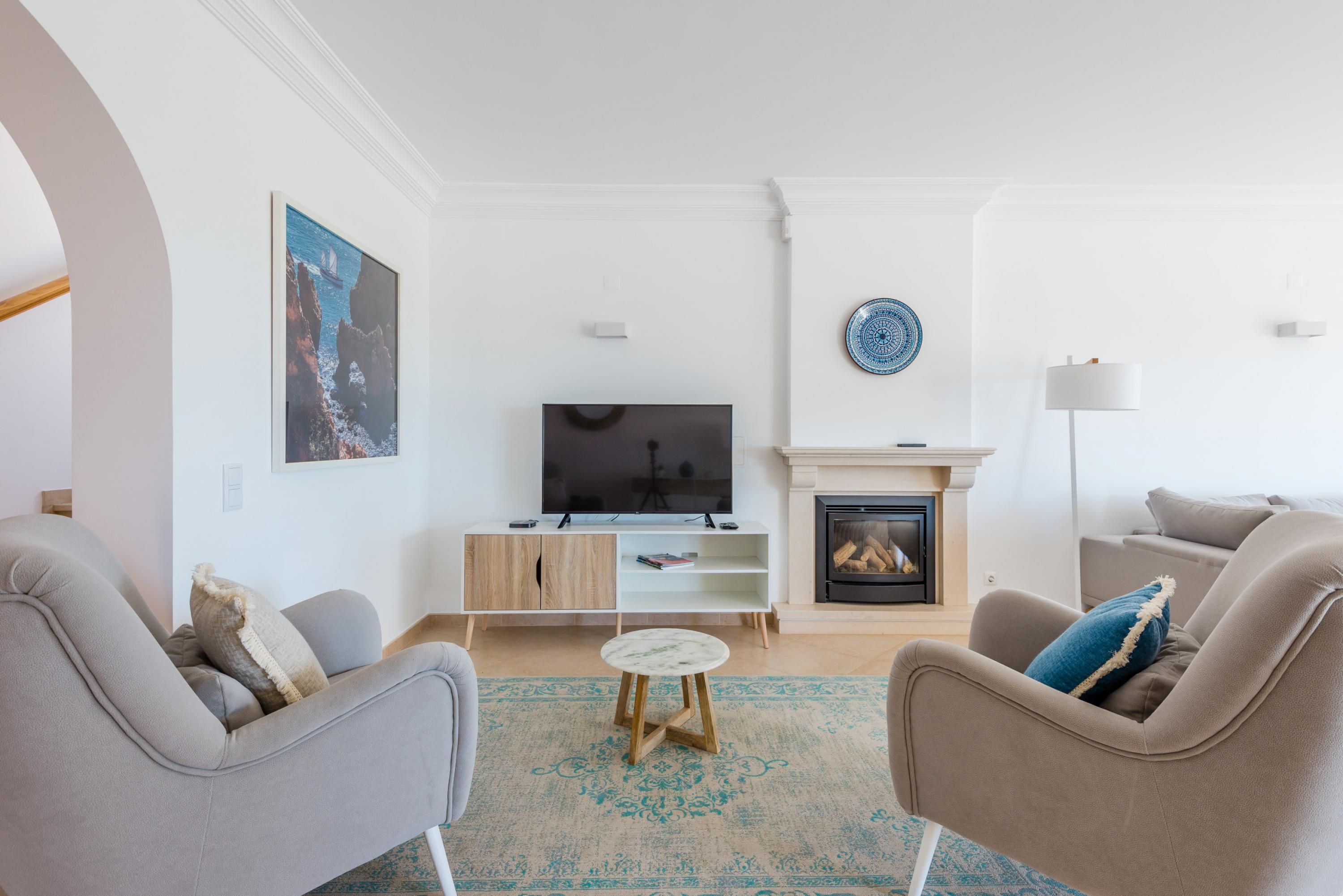Un salon avec deux canapés, un téléviseur, une cheminée et un tapis à motifs.