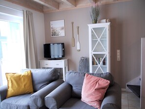 Smart TV, fireplace, books