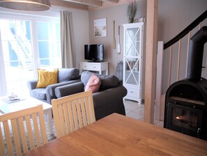 Smart TV, fireplace, books