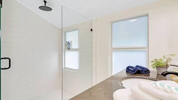 Shower, hair dryer, towels, shampoo
