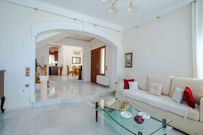 Design Villa, 3 Bedrooms, Balcony, Sea View | Living area - Villa Aphrodite with sea & mountain view (Chania)