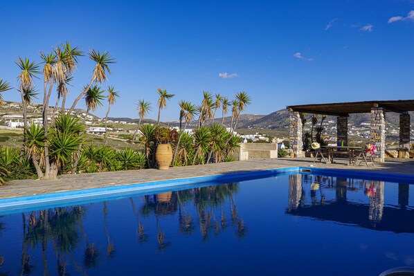 A clear blue pool with reflections, surrounded by palm trees and a stone structure. - Olivia's Countryside House (Paros)