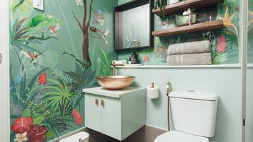 Shower, hair dryer, bidet, towels