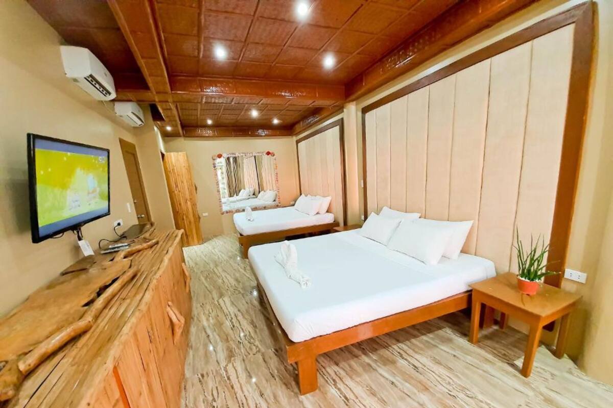 Habitación de hotel con dos camas, un mostrador de recepción de madera, un televisor y una planta en maceta.