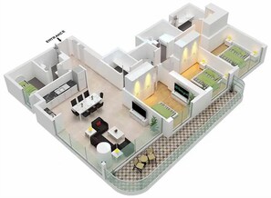Een 3D-model van een modern appartement met keuken, eetruimte, woonkamer en twee slaapkamers.