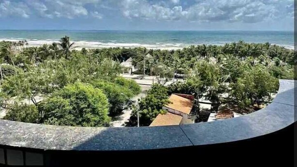 Vista de una playa con palmeras y cielo despejado.