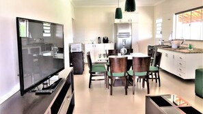 Full-size fridge, microwave, oven, espresso maker