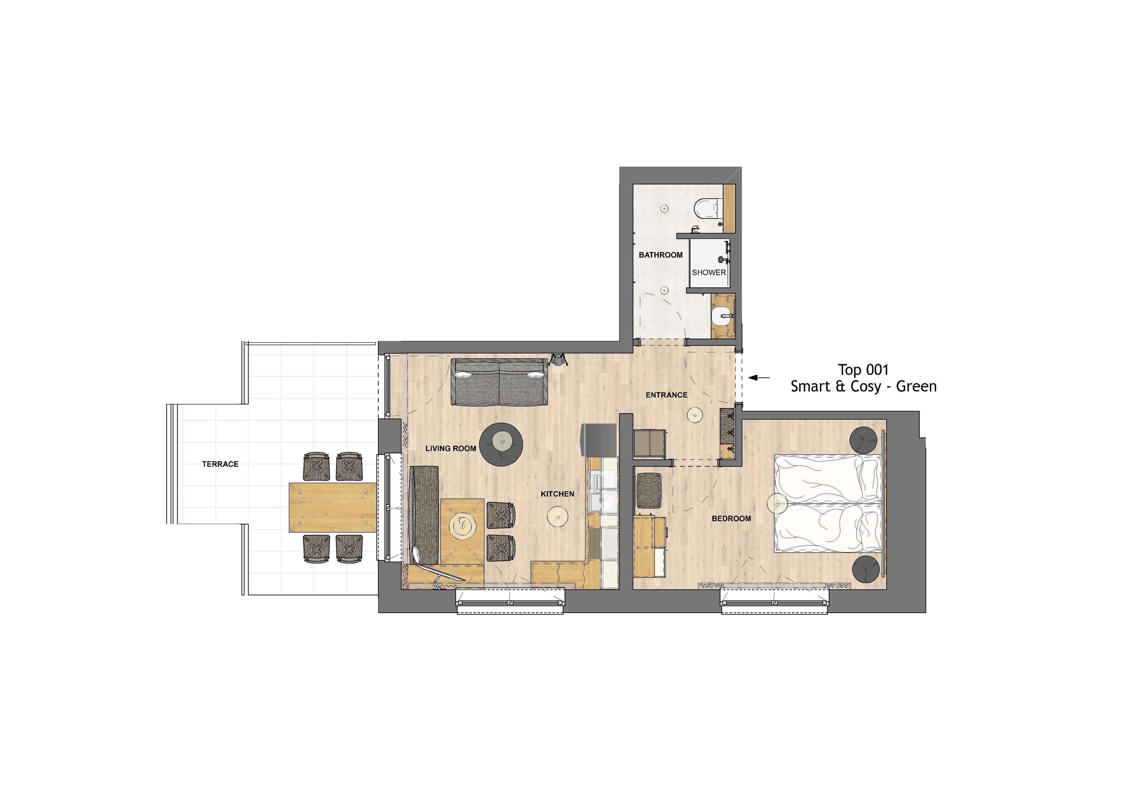 Un plan d’étage d’un appartement de deux chambres avec une terrasse, un salon, une cuisine, une salle de bain et un espace réservé à l’unité située à l’étage supérieur.