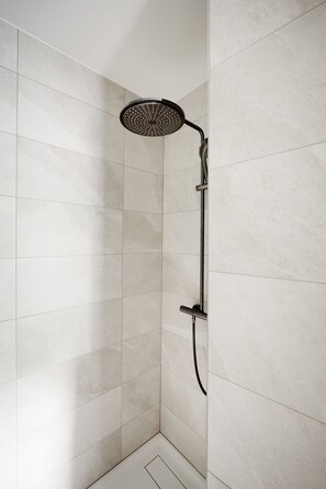 Douche, douche à « effet pluie », sèche-cheveux, serviettes fournies
