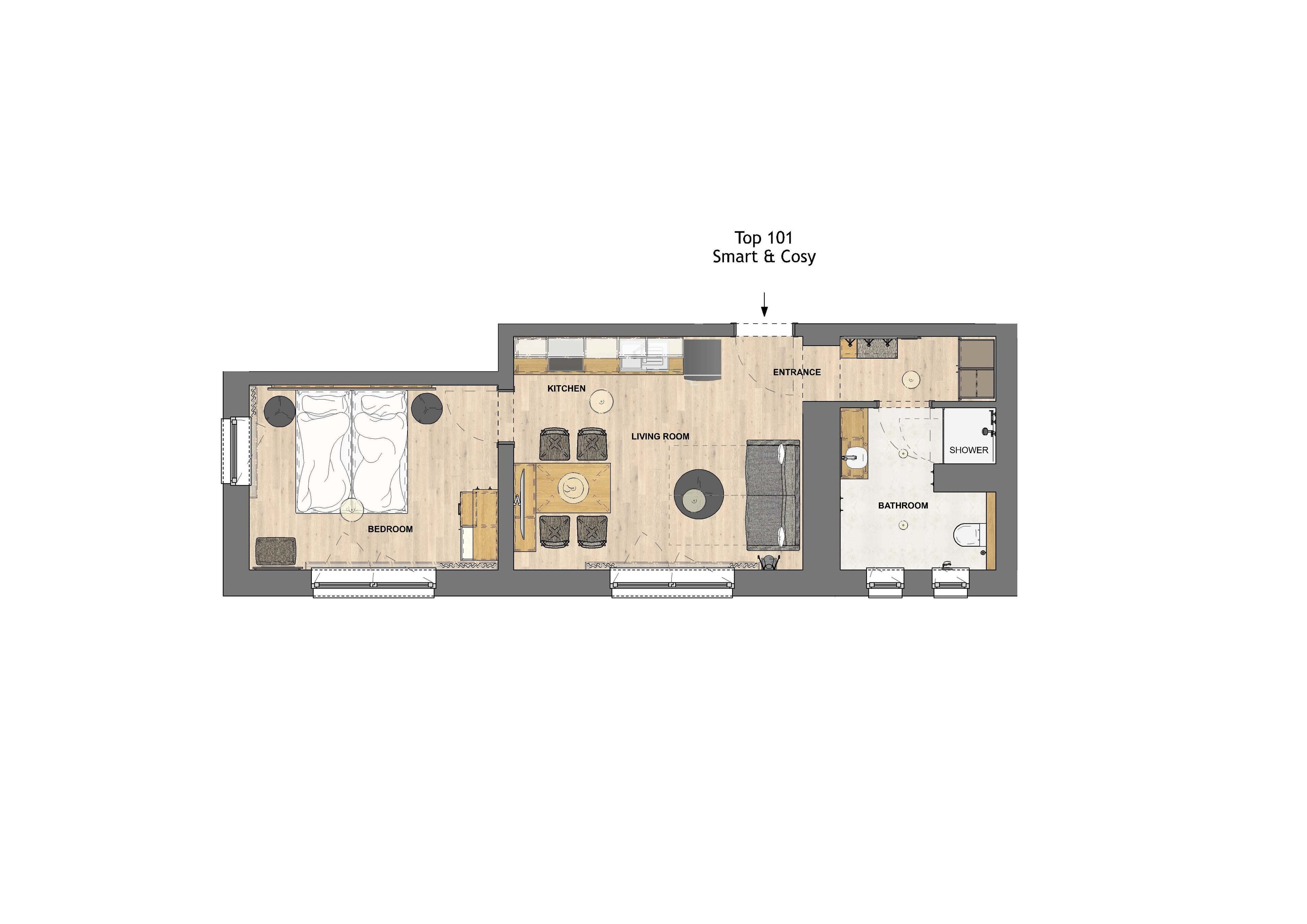 Grundriss einer 3-Zimmer-Wohnung mit Küche, Wohnzimmer und separatem Badezimmer.