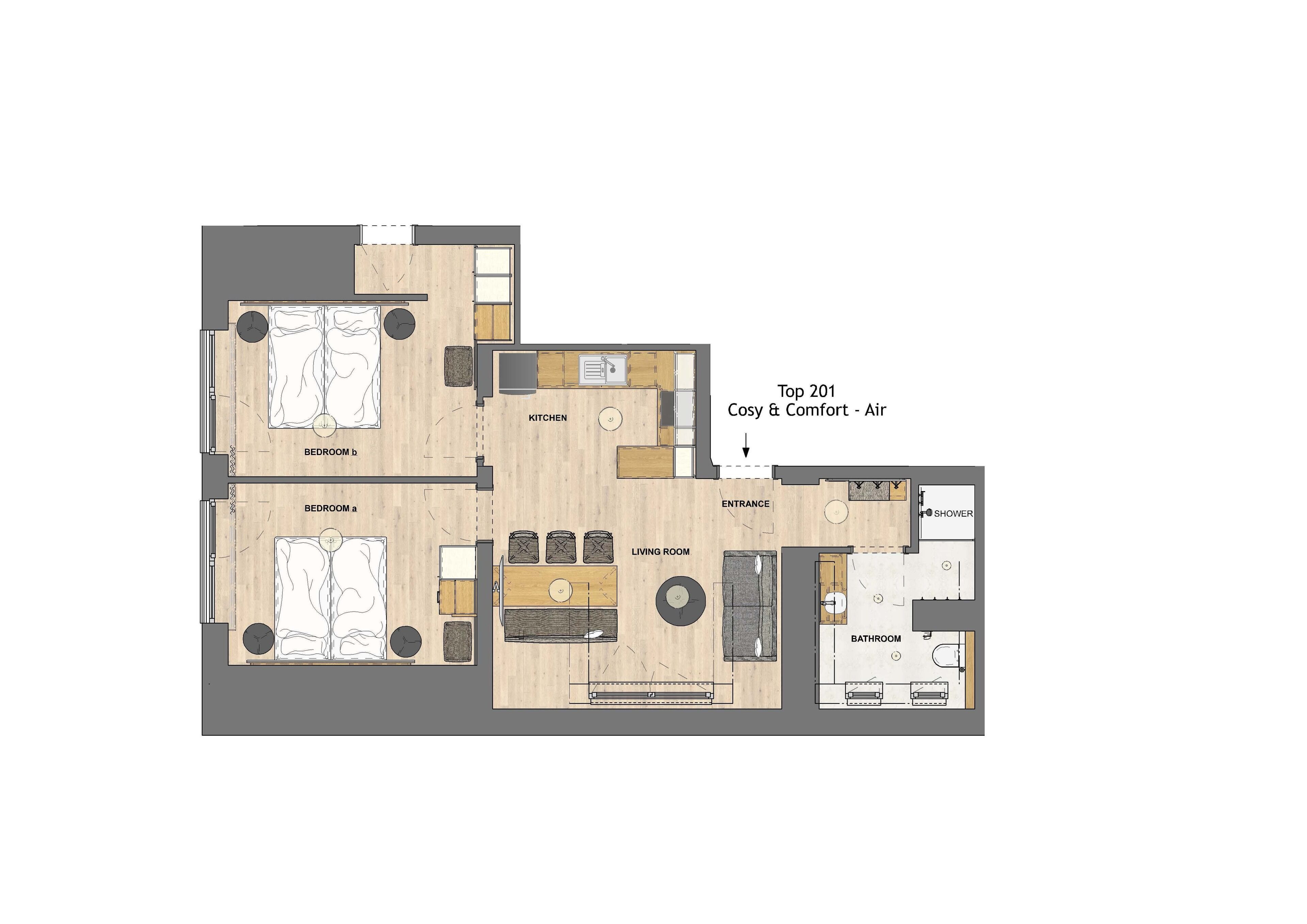 Ein Grundriss eines Air Apartments Cosy & Comfort – Top 201, mit zwei Schlafzimmern, einer Küche, einem Wohnzimmer, einem Badezimmer und einem Eingangsbereich.