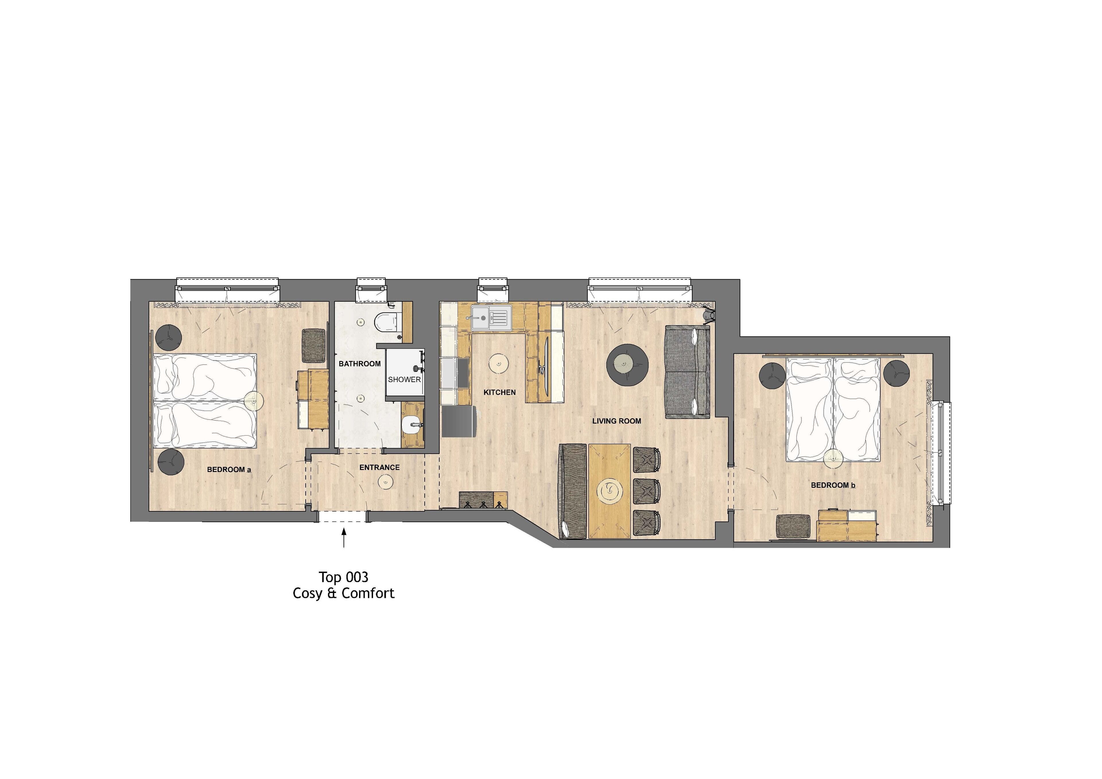 Ein Grundriss einer 3-Zimmer-Wohnung mit Wohnzimmer, Küche, Bad und Eingangsbereich.