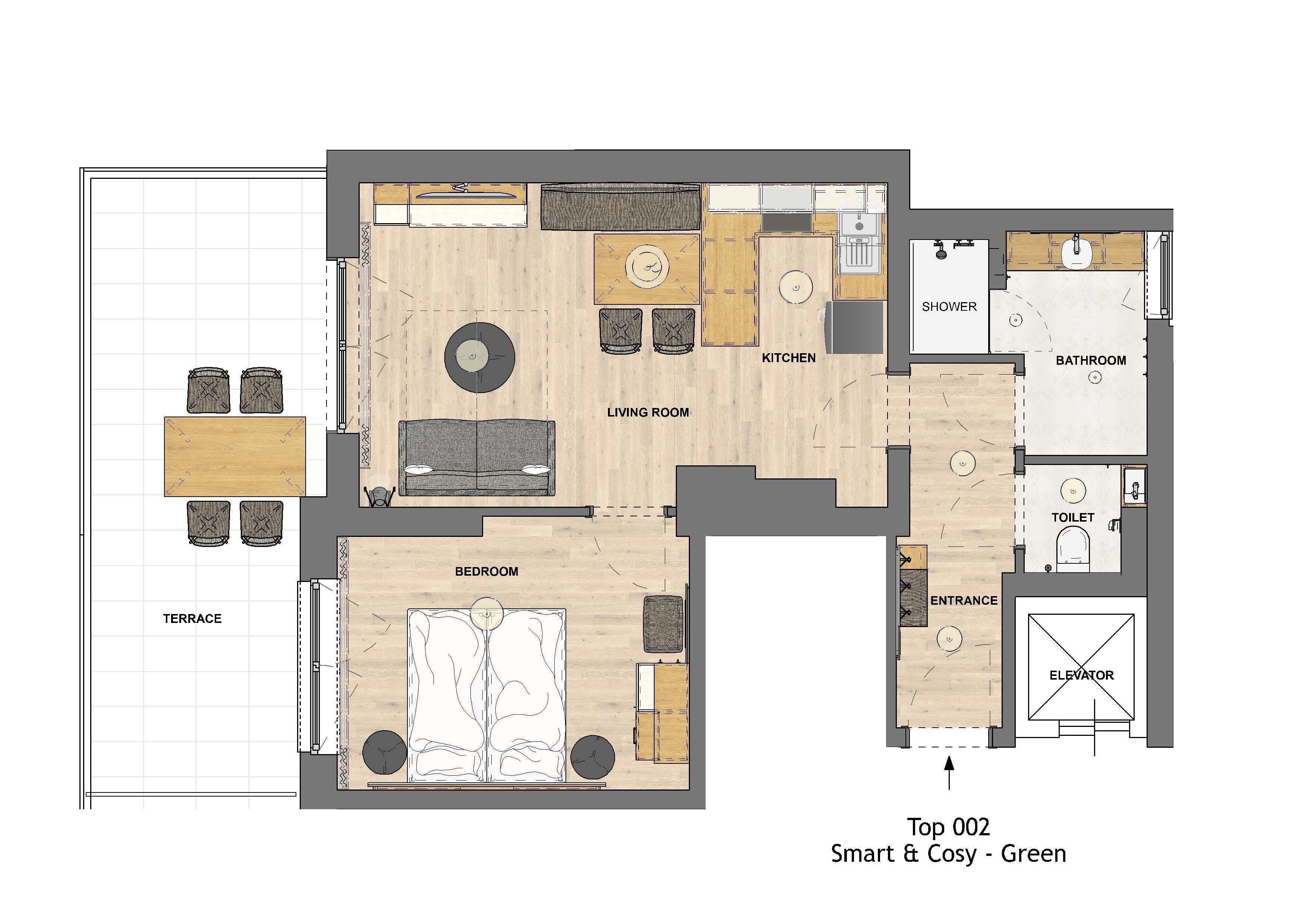 Plano de planta de un apartamento verde, moderno y acogedor, con terraza, sala de estar, cocina, baño, dormitorio y entrada con ascensor.