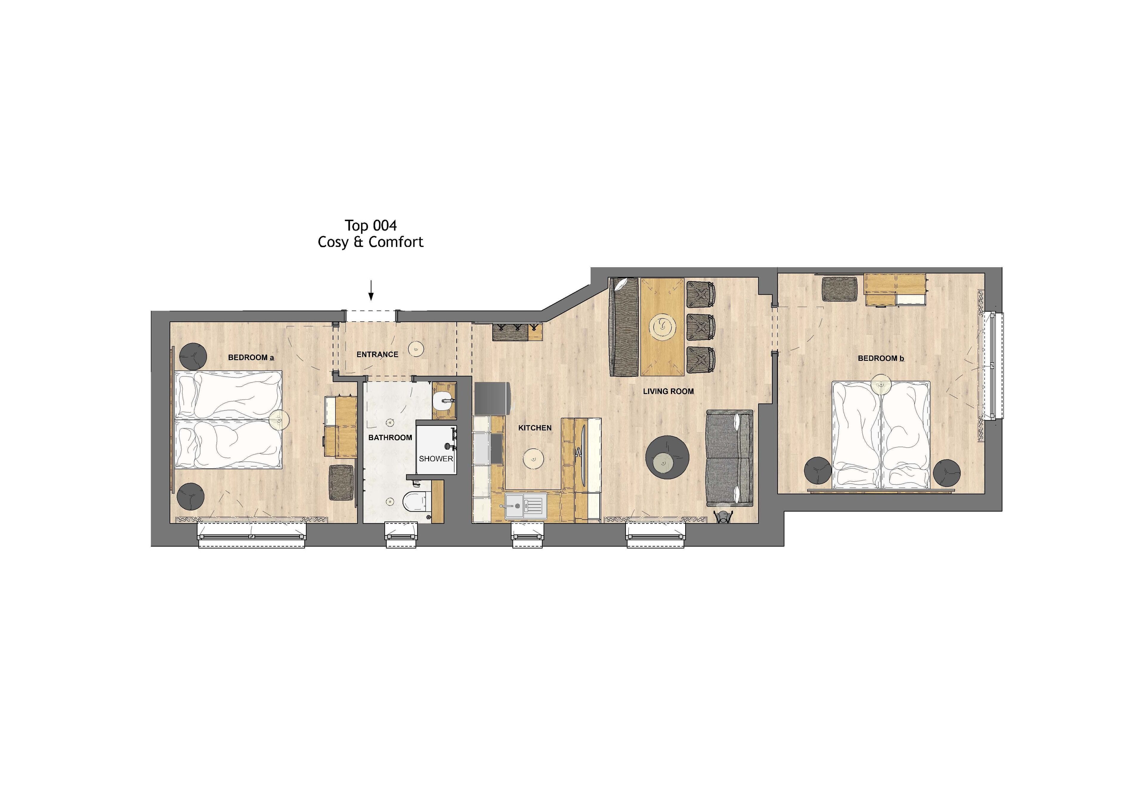 A floor plan of a hotel room with two bedrooms, a living room, a bathroom, and a kitchen.