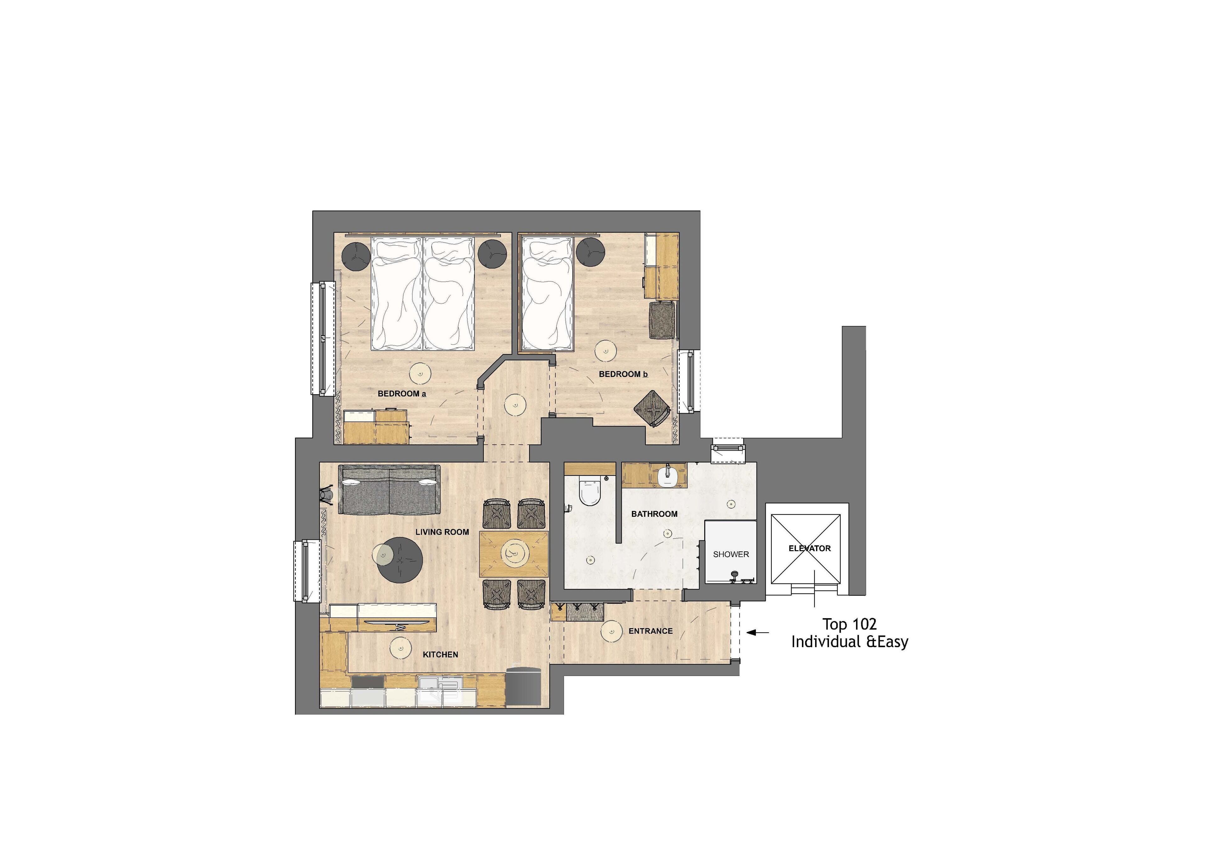 A floor plan of a 2-bedroom apartment with a kitchen, living room, bathroom, and an entrance.